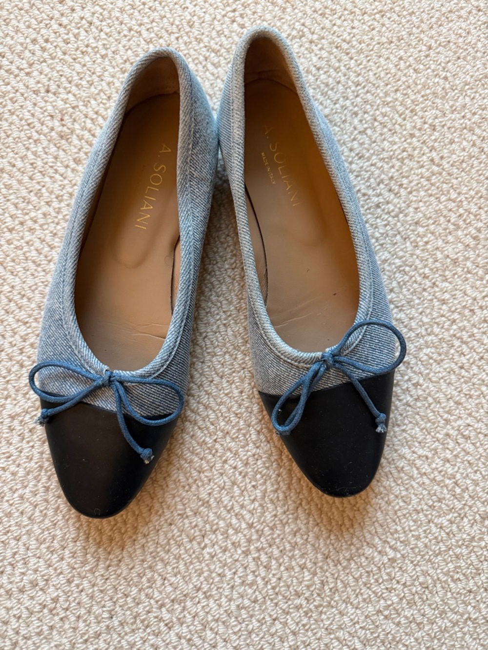 A. Solaini Two-Tone Denim and Black Bow Ballet Flats